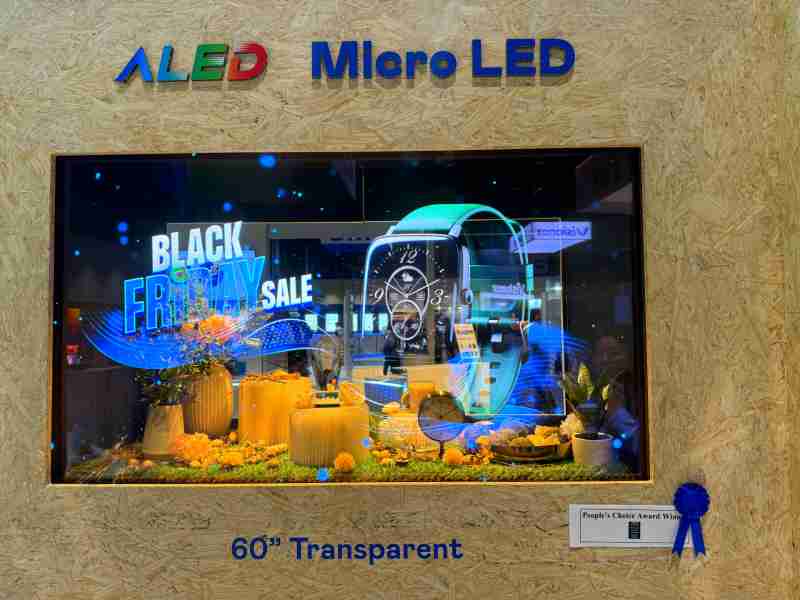 银河集团60吋高透明度Micro LED显示器获”最佳Micro LED技术应用奖”，，，将Micro LED面板透明化之设计特性极致发挥，，以可扩展性无缝拼接技术打造，，，，具备600 nits全画面亮度、、、大于60%穿透率及超过NTSC 110%的优异广色域表现，，可依需求灵活应用于各种场域