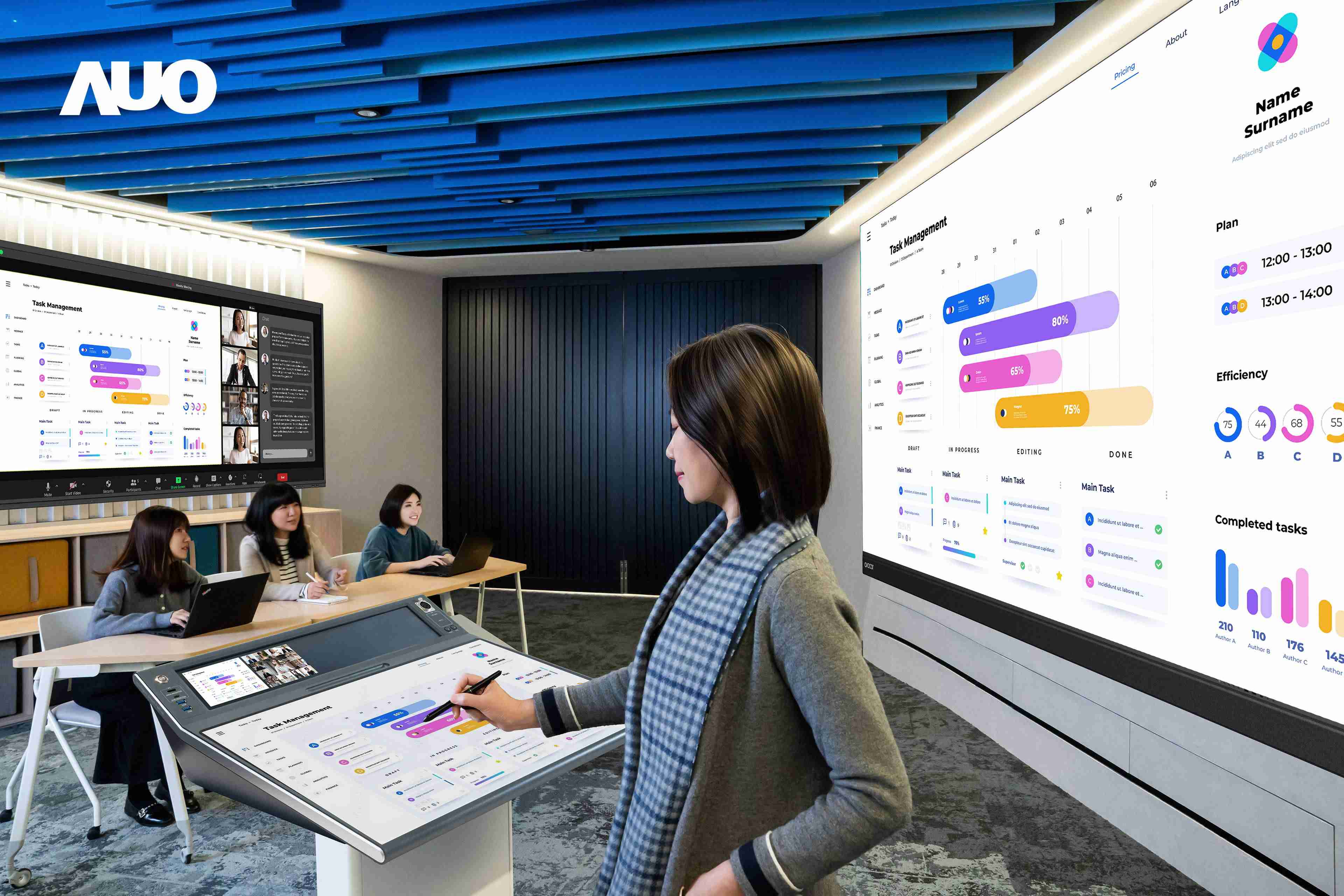 达擎携手Avocor与Rise Vision展示全方位商务领域应用，，包含采用模块化设计的138吋一体式All-in-One LED显示器及具21:9超宽比例的92吋交互式电子白板（IFPD），，，，讲者可轻松分享内容，，有效提升会议协作效率。。。。